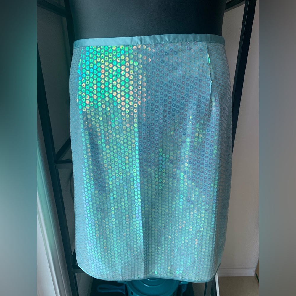 Vintage Mint Green Iridescent Sequin Knee Skirt Venezia Mermaid Vibe Aqua Sheen - Picture 2 of 12